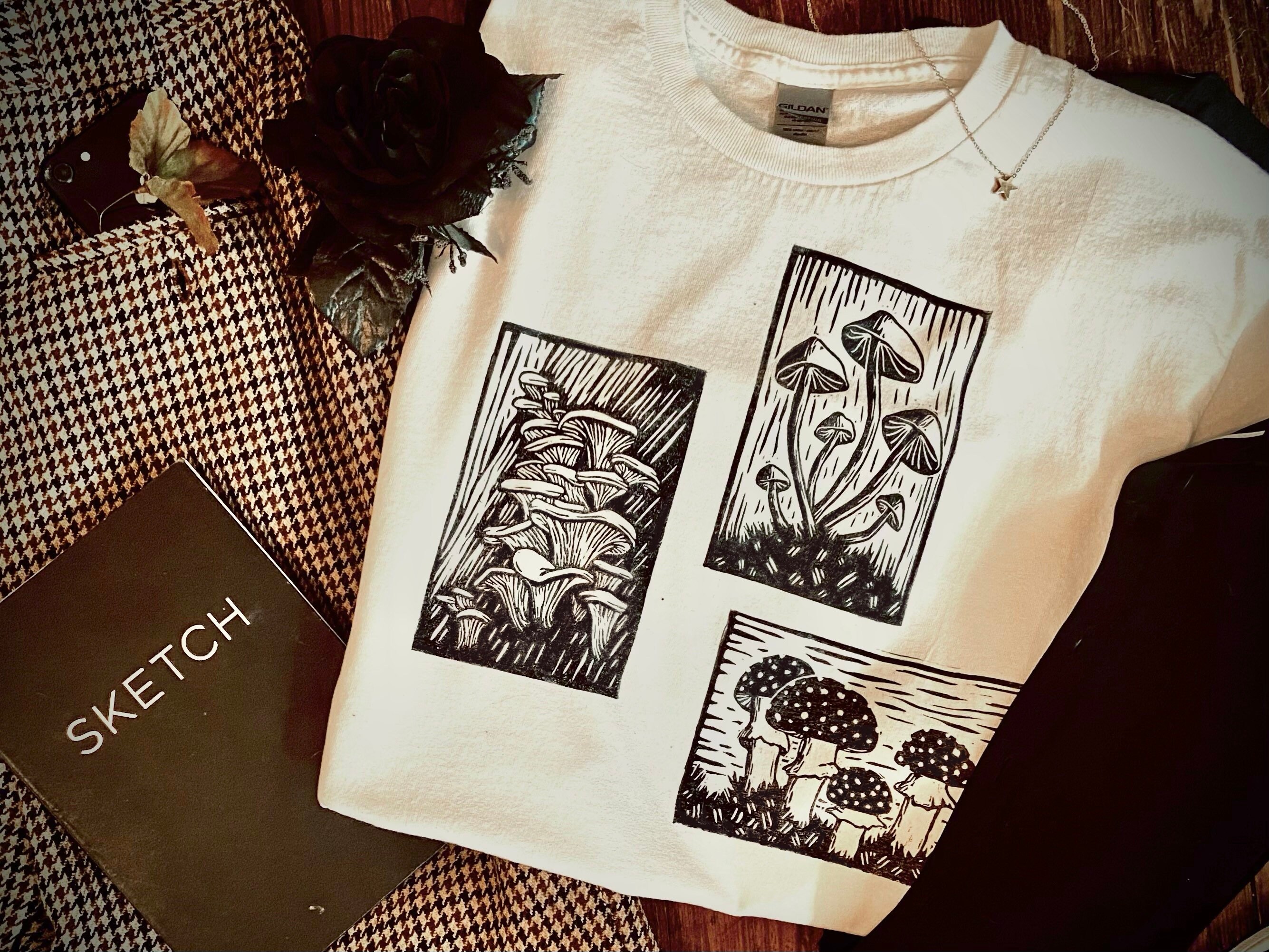 Distressed Mushroom Block Print Tshirt Etsy