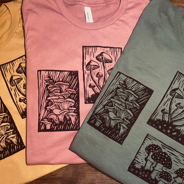 Distressed Mushroom Block Print T-Shirt in Color!