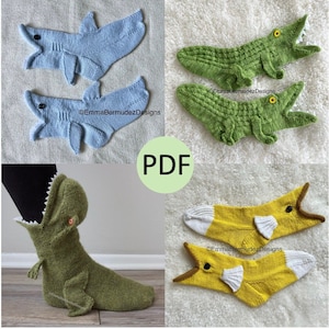 May include: Knitted animal sock patterns, including a blue shark, a green alligator, a yellow fish, and a green dinosaur. The patterns are available as a PDF download.  The image includes the text "EmmaBermudezDesigns" and "PDF".