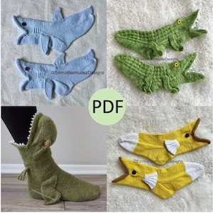 PDF | KNITTING PATTERN | Bundle Kid's Funky Sock | Sizes 3-8 Years | English Only | Digital Download | Fish, Shark, Dinosaur, & Crocodile