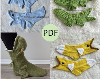 PDF | KNITTING PATTERN | Bundle Kid's Funky Sock | Sizes 3-8 Years | English Only | Digital Download | Fish, Shark, Dinosaur, & Crocodile