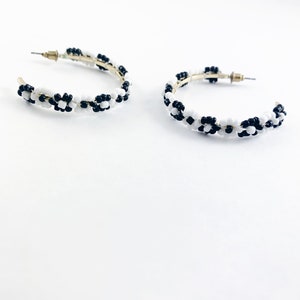 Black and White Flower Beaded Open Hoop Earrings/Teacher/School/Birthday/Gift/Work/Beach/Tropical/Bachelorette/Vacation/Honeymoon/Babymoon