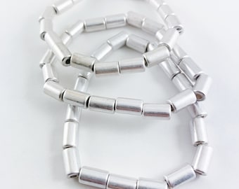 Silver Cylinder Beads Elastic Bracelet Set of 3/Bracelets Bundle/Work/Everyday/School/Teacher/Gift/Birthday/Bridal Shower/Anniversary/Party