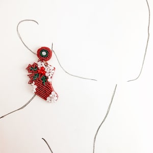 Dangling Beaded Holiday Stocking Earrings/Holly/Christmas/Red Stockings/Booties/Santa/Stocking Stuffer/Gift/Teacher/Office Party/Work