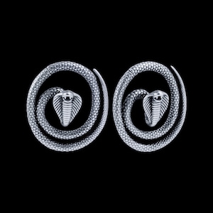 May include: A pair of silver snake-shaped earrings. Each earring features a coiled snake with a raised cobra head.