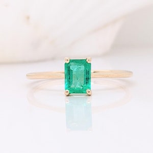 Minimalist Ethiopian Emerald Ring in Solid 14k Yellow, White or Rose Gold Solitaire Emerald Cut 6x4mm May Birthstone Natural Gem image 1