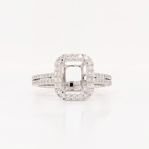 Emerald Cut Diamond Halo Ring Semi Mount in 14K Solid Gold | 7x5mm 8x6mm 9x7mm | Pave Diamond Split Parallel Shank | Customizable