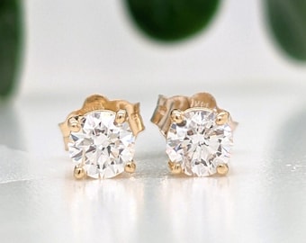Natural, Earth Mined Diamond Solitaire Studs in Solid 14K Gold | Round Shape 3mm 4mm 5mm | April Birthstone