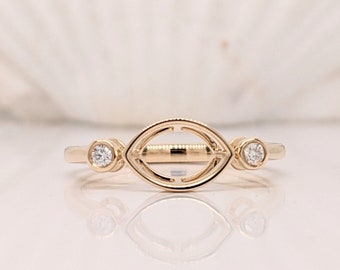 Bezel Set East West Solid 14k Gold Ring Semi Mount w Diamond Accents  | Marquise 8x5mm | Minimalistic Ring | Birthstone Ring | Customizable