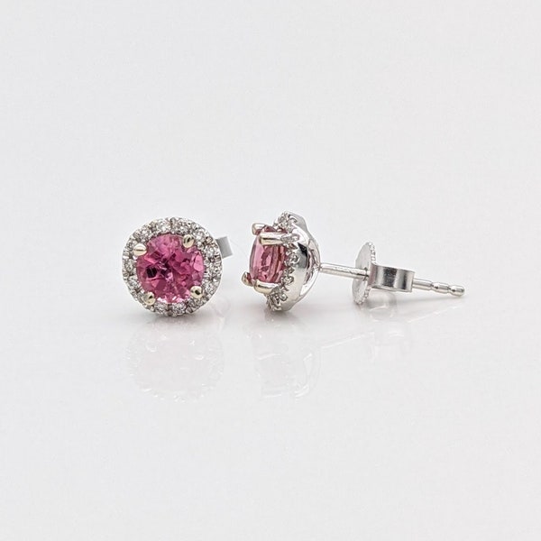 Bright Pink Tourmaline & Diamond Halo Studs in 14k White Gold | Round 4mm Rubellite Earrings | October Birthstone | Bubblegum Pink | Custom