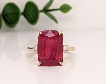 Stunning Bright Red Ruby Ring | Solid 14K Gold | Natural Diamond | Cushion Cut 14x10mm | Large Ruby Ring | Pigeon Blood Red Color