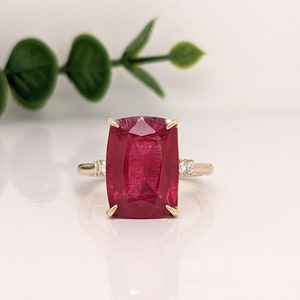 Stunning Bright Red Ruby Ring | Solid 14K Gold | Natural Diamond | Cushion Cut 14x10mm | Large Ruby Ring | Pigeon Blood Red Color