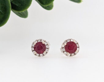 Pretty Mozambique Ruby Studs in Solid 14K White Gold with Natural Diamond Accents | Gemstone Earrings | Classic | Elegant | July Birthstone