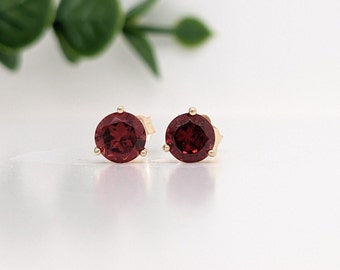 Red Garnet Martini Studs in Solid 14K Yellow, White or Rose Gold | Round 3mm 4mm 5mm 6mm | Solitaire Earrings | January Birthstone |