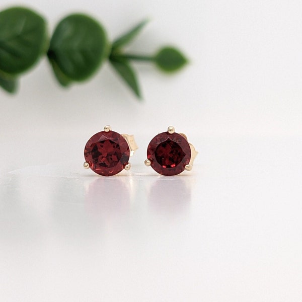 Red Garnet Martini Studs in Solid 14K Yellow, White or Rose Gold | Round 3mm 4mm 5mm 6mm | Solitaire Earrings | January Birthstone |