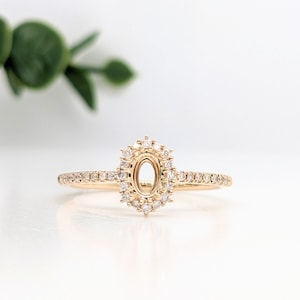 Beautiful Ring Semi Mount with an Oval Center Setting and Diamond Halo | Oval Shape 5x3.5mm 6x4mm | Gemstone Jewelry | Custom Ring