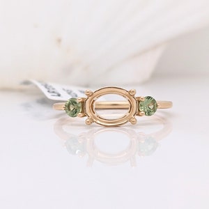 Classic Ring Semi Mount in Solid 14k White, Yellow or Rose Matte Gold with Natural Green Sapphire Accents | Oval 8x6mm | Gemstone Setting