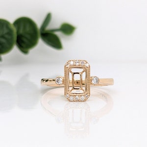 Ring Semi Mount in Solid 14k White, Yellow or Rose Gold with Natural Diamond Accents | Emerald Cut 7x5mm | Gemstone Setting | Customizable