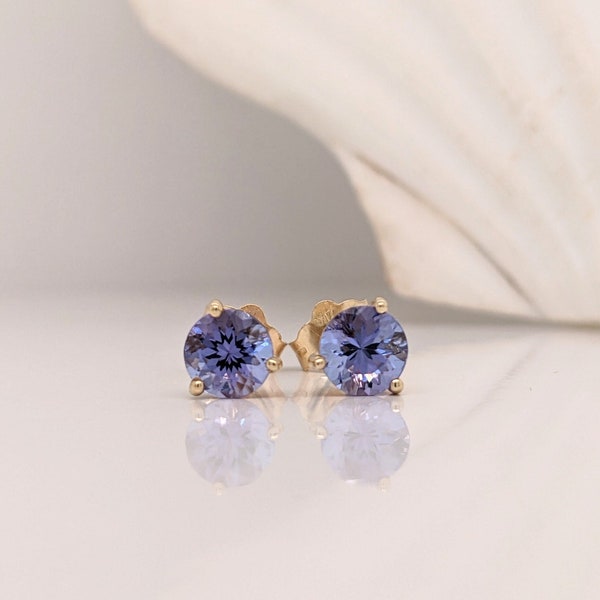 Martini Tanzanite Studs in Solid 14K White, Yellow or Rose Gold | Round 4mm 5mm | December Birthstone | Blue Gemstone Earrings | Pushback