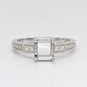 Beautiful Art Deco Diamond Ring Semi Mount in 14K Gold | Emerald Cut 6mm | Vintage | Milgrain | Pave Diamond | Gemstone Ring | Custom Sizes
