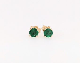 Zambian Emerald Studs in Solid 14k Yellow, White or Rose Gold | Round 4mm | May Birthstone | Pushback Earrings | Four Prong | Natural Gems