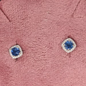 Beautiful Blue Sapphire Stud Earrings W Natural Diamond Halo in 14K Solid Gold | Cushion 4mm | September Birthstone | Customizable