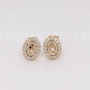 Versatile Diamond Halo Earring Semi Mount in Solid 14K Gold | Oval 5x3 6x4 7x5 8x6 9x7 | Gemstone Setting | Matched Pair | Push Back | Prong