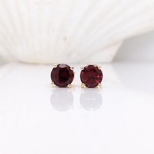 Red Garnet Studs in Solid 14K Yellow, White or Rose Gold | Round 3mm 4mm 5mm 6mm 7mm 8mm | Solitaire Earrings | January Birthstone