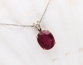 Classy Pigeon Blood Red Ruby Pendant in Solid 14K White, Yellow or Rose Gold | Oval 10x8mm | July Birthstone | Rabbit Ear Bail | Prong Set