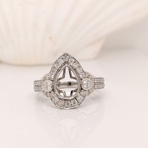 Pear Shape Halo Engagement Ring Setting with Natural Accent Diamonds in 14k Solid Gold | Pear Shape 8x6 9x7 10x7  | Customizable