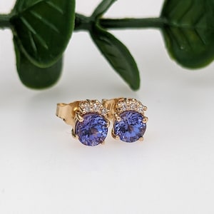Dainty Tanzanite Earring Studs With Natural Diamond Accents in Solid 14K Gold |  Round 5mm | December Birthstone
