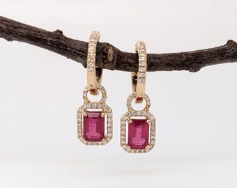 Lovely Dangle Red Ruby Earrings in 14k Solid Yellow Gold with Natural Diamond Accents | Emerald Cut 7x5mm | Red Gemstones | July Birthstone