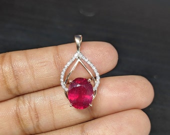Madagascar Ruby Pendant w All Natural Accent Diamonds in Solid Single or Dual Tone 14k Gold, 3+cts Oval 10x8, July Birthstone, Custom Sizes