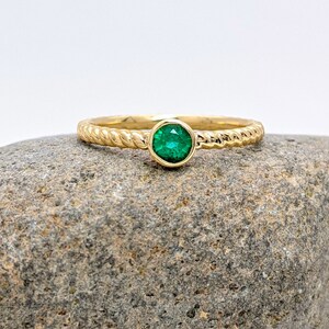 Bezel Set Emerald Twist Ring in Solid 14k Yellow Gold || 4mm || Twisted Rope Design || Dainty || Simple Daily Wear || May Birthstone ||