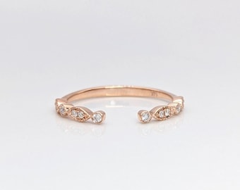 Stackable Open Band in Solid 14K White, Yellow or Rose Gold with Diamond Accents and Milgrain Detail | Free Sizing | Custom Available