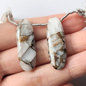 White Copper Calcite Drilled Pair Fan Shape- Side Drilled Smooth Gems 34x11x4mm