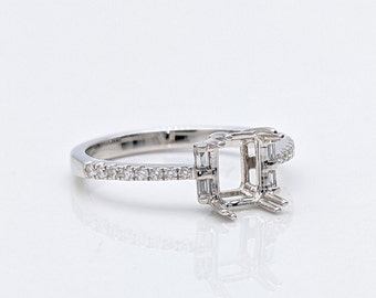 Art Deco Style Ring Semi Mount in 14k Solid Gold | Diamond Baguettes | Emerald Cut 7x5mm 9x7mm + | Custom Sizes | Gemstone Stone Setting
