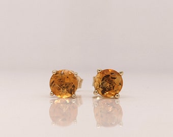 Golden Citrine Stud in Solid 14K Yellow, White or Rose Gold | Round 3mm 4mm 5mm 6mm 7mm 8mm | November Birthstone | Solitaire Earrings