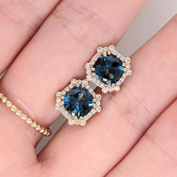 Cushion Cut London Blue Topaz Studs in 14k Solid Gold | Natural Diamond Halo | Unique Design | Double Prong Setting | Blue Gemstone Studs |