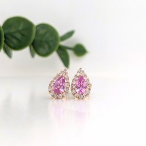 Petite Baby Pink Sapphire Earring Studs in 14k Yellow Gold with Diamond Halo | September Birthstone | Secure Push Backs | Pear Shape 5x3mm