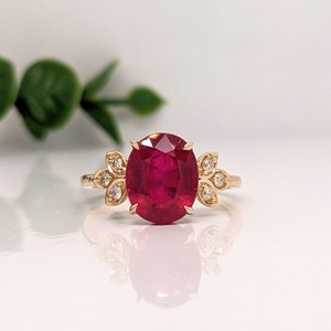 Radiant Red Ruby Ring in 14K Yellow, White or Rose Gold w/ Natural Diamond Accents Oval 10x8mm Floral Design July Birthstone Custom image 1