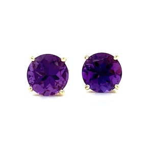 14K Gold Amethyst Studs | Round 3mm 4mm 5mm 6mm 7mm 8mm | Custom Size Birthstone Earrings