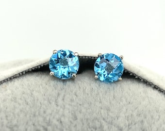Swiss Topaz Studs in 14K White, Yellow or Rose Gold | Round 3mm 4mm 5mm 6mm 7mm 8mm | Daily Wear Solitaire Earrings | November Birthstone