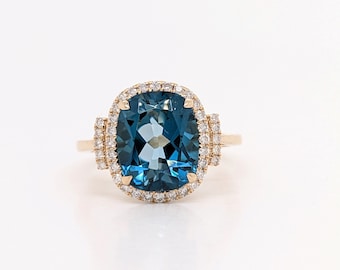 5ct Cushion London Blue Topaz Ring in 14K Solid Yellow, White or Rose Gold | Topaz Ring | December Birthstone | Blue Gemstone Ring