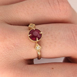 Vintage Inspired Cherry Red Ruby Ring in 14K Gold with Diamonds | Round 6mm | Milgrain | Compass Prong | July Birthstone | Anniversary Ring
