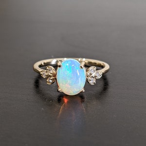 Stunning Ethiopian Opal Ring with Petal Diamond Accents in Solid 14k Yellow Gold | Oval 9x7mm | Gemstone Jewelry | October Birthstone