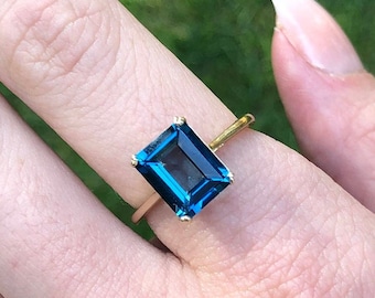 Stunning London Blue Topaz Ring in 14k Yellow Gold | Emerald Cut | Solitaire Topaz Ring | November Birthstone | Minimalist | Customizable