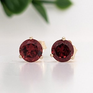 14K Gold Red Garnet Martini Studs | Round 3mm 4mm 5mm 6mm 7mm 8mm | Custom Size Birthstone Earrings