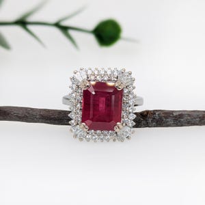 6.7cts Statement Ruby Ring W Natural Diamond Halo in 14k White Gold | EM 11x9mm