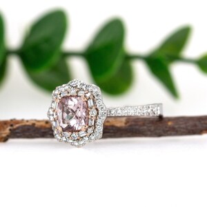 Cor De Rosa Morganite Double Diamond Halo Ring in Solid 14k White Gold | Cu 6mm